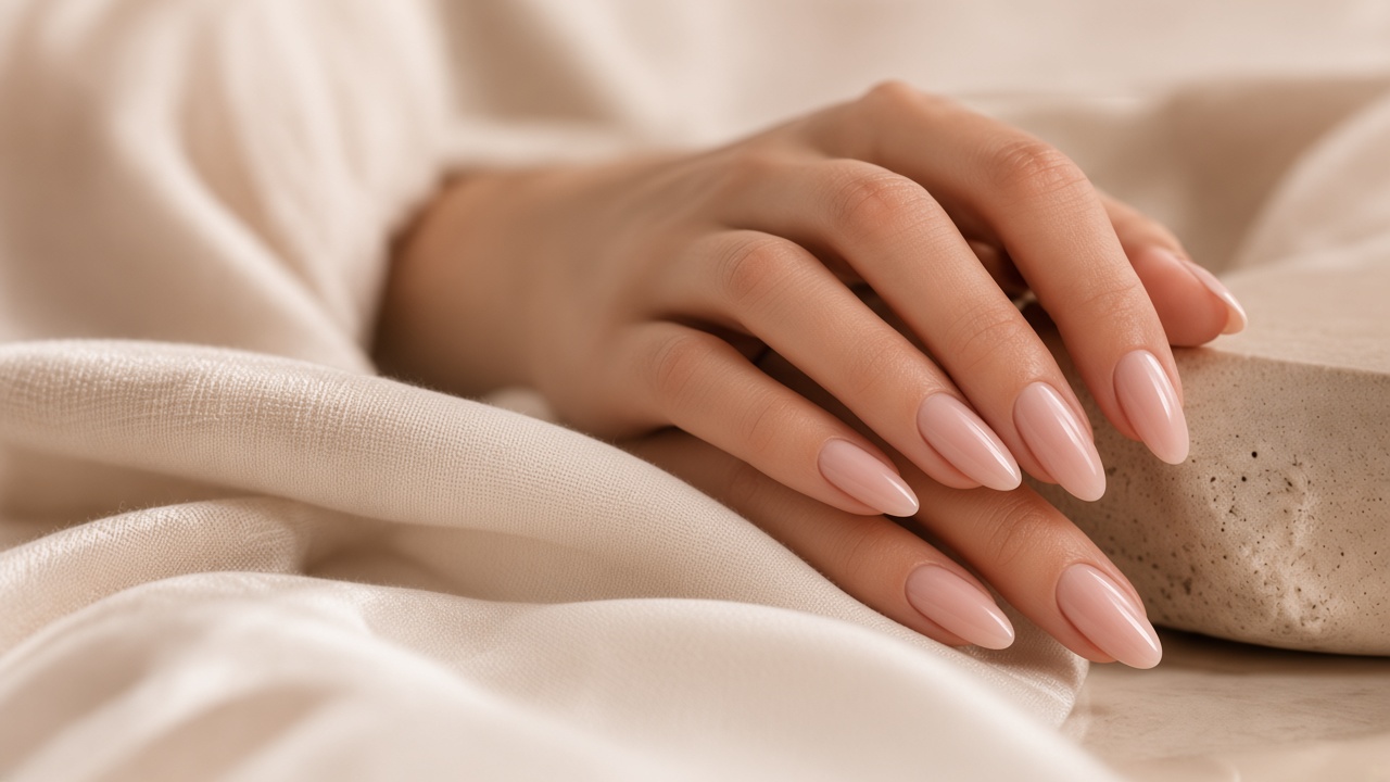 Zadbana dłoń z manicure nude na miękkiej tkaninie