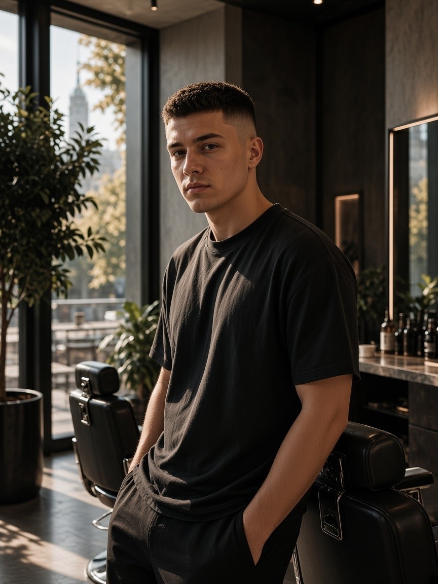Kuba przy fotelu — fade i krótkie formy.