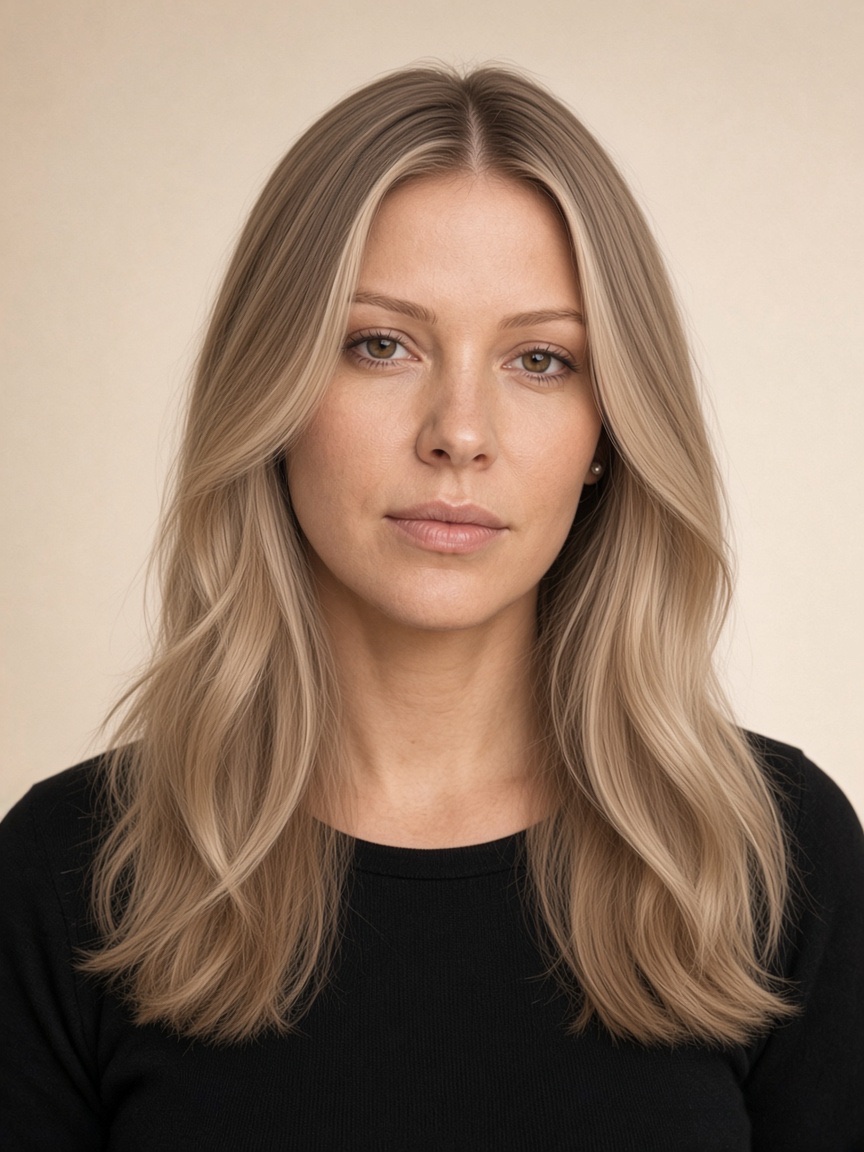 Ta sama kobieta po koloryzacji — jasny wymiarowy blond i stylizacja